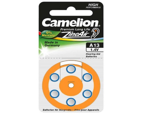 Boton Audifono A13/Naranja 1.4V 0% Mercurio (6 pcs) Camelion