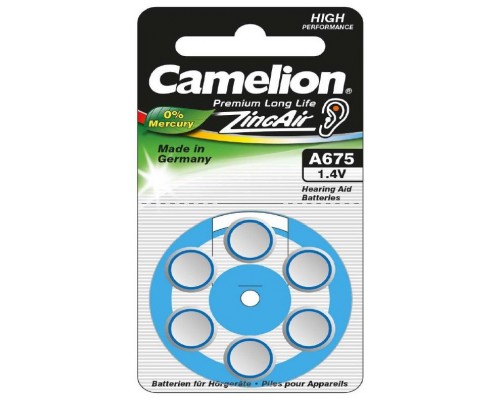 Boton Audifono A675/Azul 1.4V 0% Mercurio (6 pcs) Camelion