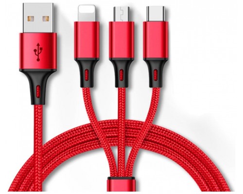 Cable Multi Carga USB 2.0 a Tipo C + Ligthning + Micro USB Rojo Biwond