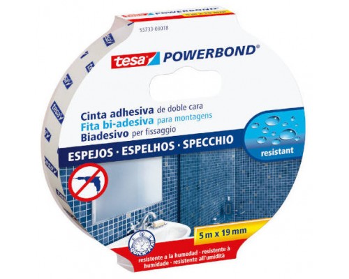 Pack de 10. CINTA ADHESIVA POWERBOND DOBLE CARA EXTRA FUERTE (ESPEJOS) 19MM.X5M. TESA 55733-00018-02 [min10]