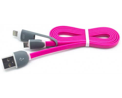 Cable Plano USB a Micro USB + Lightning Fucsia