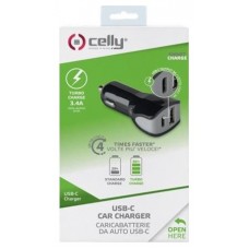 CELLY CARGADOR COCHE USB 1A Y TIPO C 3A NEGRO