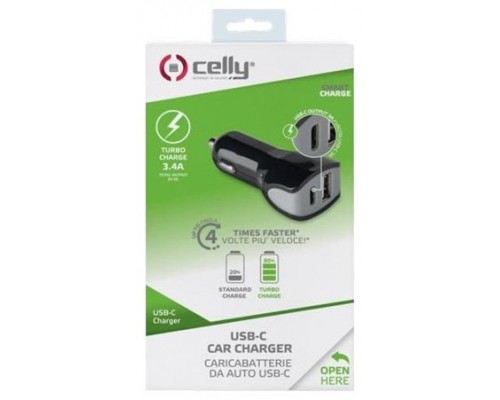 CELLY CARGADOR COCHE USB 1A Y TIPO C 3A NEGRO