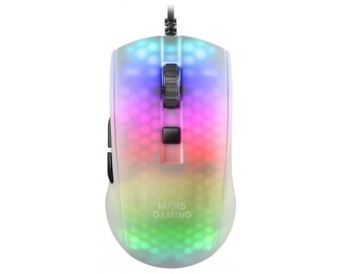 Mars Gaming MMRW Blanco, Ratón Gaming RGB Chroma Estructura Translúcida Ultra-ligera 58g 12800 DPI Switches Mecánicos HUANO