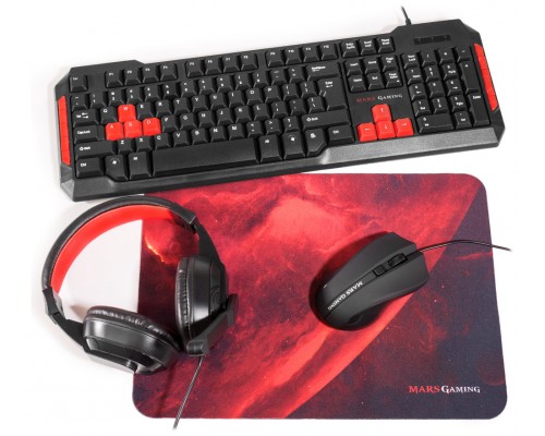 PACK TECLADO-MOUSE-PAD-HEADSET MARS GAMING MRCP1 KIT 4 EN 1 DE TECLADO ANTI-GHOSTING MOUSE 2800DPI  4 BOTONES PAD GAMING HEADSET 40mm CON MICRO PLEGAB