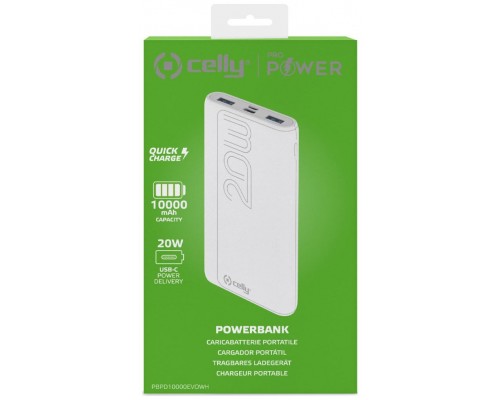 CELLY POWER BANK 10A PROPOWER MAX 22W MICROUSB USBC SALIDAS 2 USB Y USBC BLANCO