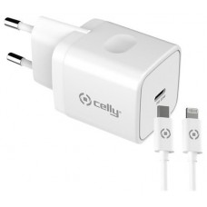 CELLY CARGADOR RED 20W USBC Y CABLE USBC-LIGHTNING BLANCO