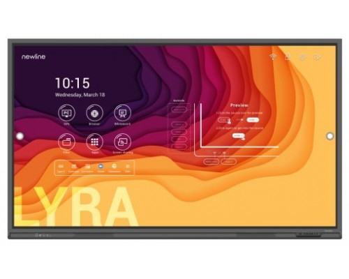 NEWLINE LYRA TT-5521Q -MONITOR TACTIL 55",ANDROID 11, MULTI USER, MM  2X20W, WIFI 6 + BT, CRISTAL ANTIMICROB., USB-C 65W, 4GB RAM/64GB ROM, 20 PTOS., RECON. OBJS., RES. 4K, CAST (PROYEC. INALAM.), BROADC. (STREAMING), DISPL MGMNT, OPS OPC., 3 A&Ntild